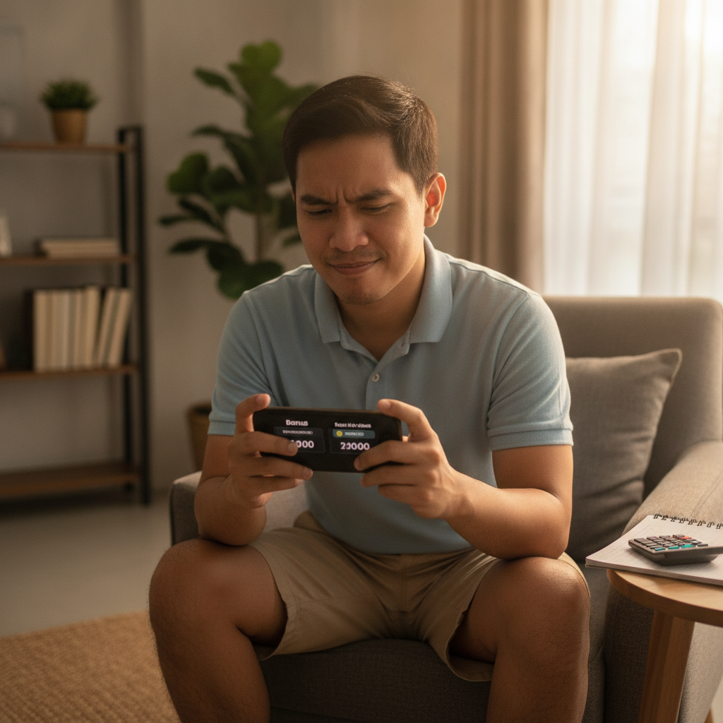 Filipino player comparing casino bonus offers on smartphone at home